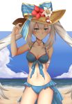  1girl arciealbano armlet beach bikini blue_bikini blue_eyes breasts cleavage clouds contrapposto cowboy_shot day embarrassed fate/grand_order fate_(series) flower hat hat_flower jewelry long_hair looking_at_viewer marie_antoinette_(fate/grand_order) medium_breasts navel necklace ocean silver_hair sky solo stomach sun_hat swimsuit twintails very_long_hair 