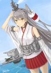  1girl amatsukaze_(kantai_collection) artist_name blue_sky cannon commentary_request cosplay day detached_sleeves e16a_zuiun fusou_(kantai_collection) fusou_(kantai_collection)_(cosplay) hair_ornament hair_tubes heart heart-shaped_pupils highres kantai_collection long_hair looking_at_viewer nontraditional_miko o_o ocean pleated_skirt rensouhou-kun retorillo silver_hair skirt sky symbol-shaped_pupils turret two_side_up yellow_eyes 