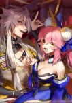  10s 1boy 1girl animal_ears armor blue_legwear breasts cleavage collarbone detached_sleeves fang fate/extra fate_(series) fox_ears fox_shadow_puppet fox_tail hair_ribbon highres japanese_armor japanese_clothes kogitsunemaru large_breasts long_hair molly open_mouth pink_hair red_eyes ribbon smile tail tamamo_(fate)_(all) tamamo_no_mae_(fate) touken_ranbu white_hair yellow_eyes 