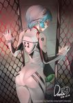  1girl 2016 artist_name ass ayanami_rei back bangs blue_hair bodysuit bracer breasts chain-link_fence cowboy_shot damda dated expressionless eyelashes fence from_behind from_side gloves hair_between_eyes hands_up headgear impossible_bodysuit impossible_clothes legs_together looking_at_viewer looking_back neon_genesis_evangelion pilot_suit plugsuit profile red_eyes short_hair skin_tight solo standing turtleneck white_bodysuit white_gloves 