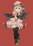  1girl bat_wings black_gloves black_legwear boots bow brooch brown_boots commentary_request cravat fangs full_body gloves hat hat_ribbon holding_skull jewelry looking_at_viewer miniskirt mob_cap open_mouth puffy_short_sleeves puffy_sleeves red_background red_bow red_eyes red_ribbon remilia_scarlet ribbon short_sleeves silver_hair simple_background skirt skirt_set skull smile solo standing thigh-highs touhou wings zairen zettai_ryouiki 