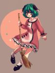  1girl :d animal_ears blush bobby_socks broom dog_ears dress frilled_dress frilled_sleeves frills fukufukupine green_eyes green_hair highres kasodani_kyouko long_sleeves mary_janes open_mouth shoes short_hair smile socks solo sparkle touhou 