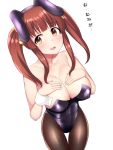  10s 1girl animal_ears bangs bare_shoulders black_leotard blush breasts brown_eyes brown_hair cleavage collarbone commentary_request covered_navel h3po4_chiba hands_on_own_chest idolmaster idolmaster_cinderella_girls large_breasts leotard long_hair looking_at_viewer looking_to_the_side ogata_chieri open_mouth pantyhose rabbit_ears scrunchie sidelocks simple_background solo tearing_up translation_request twintails wavy_mouth white_background wrist_cuffs 