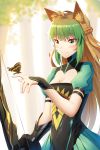  1girl ahoge animal_ears archer_of_red blush bow_(weapon) breasts brown_hair butterfly cleavage closed_mouth eyebrows_visible_through_hair fate/apocrypha fate/grand_order fate_(series) fox_ears green_eyes green_hair highres holding holding_bow_(weapon) holding_weapon ji_dao_ji large_breasts long_hair looking_away multicolored_hair smile solo two-tone_hair weapon 