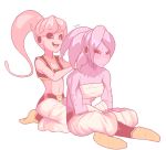  2girls antennae black_sclera dragon_ball dragon_ball_xenoverse female_majin highres majin_(race) majin_girl midriff monster_girl multiple_girls navel open_mouth pink_eyes pink_hair pink_skin red_eyes sally_(luna-arts) sarashi seiza sitting smile sweatdrop tentacle_hair toned tying_hair vest 