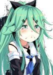  &gt;:&lt; 1girl ataru_(cha2batake) blush closed_mouth commentary_request crying crying_with_eyes_open detached_sleeves green_eyes green_hair hair_ornament hair_ribbon hairclip kantai_collection long_hair neckerchief ribbon sailor_collar simple_background solo tears trembling upper_body white_background yamakaze_(kantai_collection) 