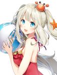  1girl ball beachball blue_eyes blush breasts crab crab_on_head eyebrows_visible_through_hair fate/grand_order fate_(series) grey_hair hair_ornament holding holding_ball large_breasts long_hair looking_at_viewer marie_antoinette_(fate/grand_order) parted_lips sideboob smile solo starfish starfish_hair_ornament twintails yunkel_(zeijaku_mental) 
