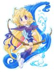  1girl armor blonde_hair bow_(weapon) cape character_name copyright_name dated faye fei_(ffmq) final_fantasy final_fantasy_mystic_quest graphite_(medium) open_mouth phoebe_(ffmq) ribbon shirokiya_tanbo sketch solo traditional_media violet_eyes water weapon 