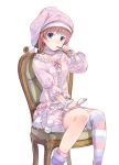  1girl atelier_(series) atelier_rorona bangs blue_eyes brushing_teeth chair commentary_request detached_collar frills hat holding kishida_mel looking_at_viewer nightcap official_art pajamas pink_hair pom_pom_(clothes) puffy_shorts rororina_fryxell short_hair shorts sitting solo striped striped_legwear toothbrush toothpaste transparent_background wrist_cuffs 