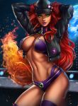  1girl arms_up artist_name baseball_cap bikini breasts cleavage cropped_jacket dandon_fuga dc_comics fire green_eyes hat large_breasts lips long_hair looking_at_viewer midriff open_clothes open_shirt redhead shirt solo standing starfire swimsuit teen_titans thigh-highs 