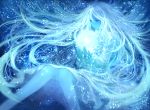  1girl blue commentary_request crystal dress floating floating_hair glowing holding light long_hair long_sleeves looking_down magic original sakimori_(hououbds) solo very_long_hair 