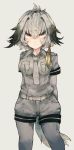  1girl bangs black_hair collared_shirt commentary_request eyebrows_visible_through_hair grey_hair grey_necktie grey_shirt hair_between_eyes head_wings kemono_friends long_hair looking_at_viewer low_ponytail multicolored_hair necktie shirt shoebill_(kemono_friends) short_sleeves side_ponytail solo standing yellow_eyes zairen 