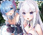  2girls bare_shoulders black_ribbon black_skirt blue_eyes blue_hair blush braid breasts crown_braid detached_sleeves elf emilia_(re:zero) eyebrows_visible_through_hair eyelashes fingernails flower frilled_sleeves frills hair_flower hair_ornament hair_over_one_eye hair_ribbon long_hair looking_at_viewer medium_breasts multiple_girls ogino_atsuki open_mouth pink_ribbon pleated_skirt pointy_ears re:zero_kara_hajimeru_isekai_seikatsu rem_(re:zero) ribbon ribbon-trimmed_clothes ribbon_trim shiny shiny_hair shiny_skin short_hair silver_hair sitting skirt smile thigh-highs tongue tongue_out underbust violet_eyes white_skirt x_hair_ornament 