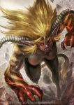  1girl artist_name blonde_hair claws clenched_teeth eyebrows fangs horns maxa&#039; monster_girl monster_hunter muscle muscular_female pointy_ears rajang red_eyes red_sclera rubble sidelocks tail teeth 