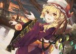  1girl alternate_costume blonde_hair bridge commentary_request dutch_angle fang flandre_scarlet hair_between_eyes japanese_clothes kimono long_hair looking_at_viewer obi outdoors purple_kimono red_eyes sash smile solo touhou wide_sleeves wings yukata zairen 