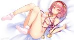  1girl bangs blush bobby_socks bra breasts dated hairband heart kanzaki_maguro knees_together_feet_apart komeiji_satori legs_up lying no_shoes on_back panties pink_bra pink_eyes pink_hair pink_panties shiny shiny_skin short_hair sketch small_breasts socks solo third_eye touhou underwear underwear_only 