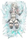  1boy amputee androgynous aqua_eyes blonde_hair commentary_request crystal elbow_gloves eyebrows_visible_through_hair feathers frown gloves hair_feathers highres lying missing_eye navel on_back original scarf skindentation tattoo towa-darkmistic triple_amputee 