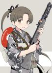  1girl :d aka_ringo ayanami_(kantai_collection) brown_eyes brown_hair commentary_request fan floral_print grey_background gun highres japanese_clothes kantai_collection kimono long_hair looking_at_viewer open_mouth paper_fan ponytail remodel_(kantai_collection) rifle smile solo submachine_gun type_100 uchiwa very_long_hair weapon yukata 
