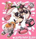  +_+ 1girl ankle_boots aori_(splatoon) armor autobomb_(splatoon) belt bike_shorts black_boots black_gloves black_shirt black_shorts bomb_rush_(splatoon) boots burst_bomb_(splatoon) cosplay curling_bomb_(splatoon) domino_mask earrings english fangs fingerless_gloves food food_on_head foreshortening full_body gloves heart jewelry long_hair looking_at_viewer mask object_on_head open_mouth paint_splatter pink_background pink_eyes pointy_ears seeker_(splatoon) shirt shorts sleeveless sleeveless_shirt smile solo splat_bomb_(splatoon) splatoon splatoon_2 standing suction_bomb_(splatoon) sushi takozonesu takozonesu_(cosplay) tentacle_hair wong_ying_chee 