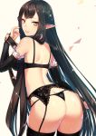  1girl absurdres arm_at_side ass assassin_of_red back black_bra black_gloves black_hair black_legwear black_panties bra bridal_gauntlets contrapposto cowboy_shot detached_sleeves elbow_gloves fate/apocrypha fate_(series) fingerless_gloves frill_trim from_behind garter_belt garter_straps glint gloves hand_to_own_mouth highres lingerie long_hair looking_at_viewer looking_back panties parted_lips pointy_ears sakura_chiyo_(konachi000) sidelocks simple_background slit_pupils solo string_panties thigh-highs underwear underwear_only very_long_hair yellow_eyes 