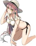  1girl adjusting_hair ass bent_over black_bikini_bottom breasts butt_crack casual center_opening closed_mouth collarbone earrings fate/grand_order fate_(series) fedora frills hair_ornament_removed hairband hat highres jewelry long_hair medb_(fate/grand_order) pink_hair shimo_(s_kaminaka) solo white_background yellow_eyes 