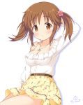  1girl :o arm_up artist_name bare_shoulders belt_buckle blush breasts brown_belt brown_eyes brown_hair buckle cleavage collarbone commentary_request floral_print flower frilled_shirt frills hair_flower hair_ornament halter_top halterneck hand_behind_head heart heart_necklace high-waist_skirt idolmaster idolmaster_cinderella_girls idolmaster_cinderella_girls_starlight_stage kaiware-san long_sleeves looking_at_viewer medium_breasts off-shoulder_shirt parted_lips print_skirt rose_print shirt signature simple_background sitting skirt solo totoki_airi twintails white_background white_shirt yellow_skirt 