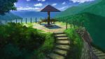 bench blue_sky clouds cloudy_sky commentary_request day grass hill island mountain naohiro ocean outdoors plant scenery shore sky stairs table tree 