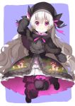  1girl bangs black_ribbon blue_background blush boots closed_mouth eyebrows_visible_through_hair fate_(series) frilled_skirt frills full_body gothic_lolita hand_on_headwear highres jumping lolita_fashion long_hair long_sleeves looking_at_viewer nursery_rhyme_(fate/extra) petticoat pink_eyes ribbon sh_(562835932) skirt smile solo very_long_hair white_hair 