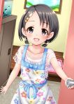 &gt;_&lt; 1girl :d air_bubble apron aquarium bare_arms black_hair blouse blue_bow blue_shirt blush bow bubble bunny_hair_ornament child collarbone commentary_request cowboy_shot door doormat eyebrows_visible_through_hair fish floral_print hair_ornament hair_tie hairpin highres holding idolmaster idolmaster_cinderella_girls indoors looking_at_viewer low_twintails open_door open_mouth painting_(object) print_apron regular_mow sasaki_chie see-through sheer_clothes shirt short_hair short_sleeves short_twintails sleeveless smile solo standing twintails violet_eyes white_apron wooden_floor 