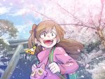 1girl backpack bag bill_cipher blue_sky blurry blush bow bowtie braces brown_eyes brown_hair cat_bag cherry_blossoms clouds depth_of_field eyebrows_visible_through_hair eyelashes from_below gravity_falls green_backpack hairband hanging happy hat jewelry long_hair looking_afar looking_at_another mabel_pines melon_(melon_cream_soda) mixed_media one-eyed open_mouth petals photo photoshop pink_sweater single_earring sky smile solo_focus sweater top_hat torii tree triangle turtleneck 