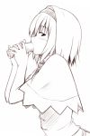 1girl alice_margatroid bangs blush capelet eating ehoumaki eyebrows_visible_through_hair food from_side greyscale hair_intakes hairband holding holding_food looking_at_viewer makizushi monochrome nirap profile sexually_suggestive short_hair solo sushi touhou upper_body 