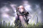  1girl bangs black_gloves blue_eyes blue_hair eyebrows_visible_through_hair fingerless_gloves girls_frontline gloves grass hair_between_eyes highlights holding jacket light_rays long_hair looking_up multicolored_hair one_side_up open_clothes open_jacket outdoors overcast parted_lips pink_hair shijiu_(adamhutt) solo st_ar-15_(girls_frontline) sunbeam sunlight suppressor 