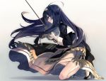  1girl ahoge blue_eyes blue_hair dress hairband high_heels long_hair one_knee orie_(under_night_in-birth) rapier solo suzunashi sword under_night_in-birth weapon 