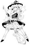  1girl belt bloomers bow broom fingerless_gloves full_body gloves greyscale grin hat hat_bow holding holding_broom kirisame_marisa looking_at_viewer map miniskirt monochrome pouch shoes short_sleeves simple_background skirt skirt_set smile socks solo standing star teeth touhou tsurui underwear vest white_background witch_hat 