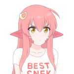  1girl clothes_writing english engrish hair_ornament hairclip lamia long_hair miia_(monster_musume) monster_girl monster_musume_no_iru_nichijou pink_hair pointy_ears pout ranguage scales shirt shpo solo t-shirt upper_body white_background yellow_eyes 