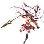  &gt;:o 1girl :o breasts brown_hair checkered checkered_skirt elbow_gloves flat_chest full_body gloves holding holding_spear holding_weapon long_hair murakami_yuichi official_art oshiro_project oshiro_project_re pleated_skirt polearm sakuma_kanazawa_(oshiro_project) skirt small_breasts spear thigh-highs transparent_background two_side_up violet_eyes weapon 