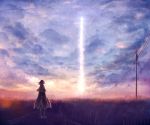  1girl blue_sky boots clouds cloudy_sky commentary_request fantasy grass light magic original pillar road sakimori_(hououbds) scenery short_hair sky solo standing sunset 