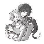  1boy 1girl baby cat closed_eyes family highres if_they_mated kurusu_akira monochrome morgana_(persona_5) okumura_haru persona persona_5 scruffyturtles short_hair 