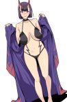  1girl :q bare_shoulders blush bob_cut breasts collarbone fate/grand_order fate_(series) japanese_clothes jyura kimono large_breasts looking_at_viewer nose_blush older oni oni_horns open_clothes open_kimono purple_hair revealing_clothes short_eyebrows shuten_douji_(fate/grand_order) smile solo standing tongue tongue_out undressing violet_eyes 