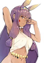  1girl absurdres arm_behind_head armpit_peek breasts dark_skin fate/grand_order fate_(series) hairband highres hiranko jackal_ears long_hair looking_at_viewer nitocris_(fate/grand_order) sleeveless solo violet_eyes 