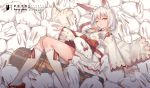  1girl animal_ears bow eyebrows_visible_through_hair highres japanese_clothes kimono kneehighs looking_at_viewer medium_hair nuoya_huanxiang one_eye_closed parted_lips rabbit rabbit_ears red_bow red_eyes white_hair white_legwear zicai_tang 