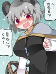  &gt;:o 1girl :o alternate_breast_size animal_ears arm_at_side basket between_breasts blush breasts capelet clenched_hand dress eyebrows_visible_through_hair eyes_visible_through_hair grey_hair hammer_(sunset_beach) hand_up jewelry long_sleeves mouse_ears mouse_tail nazrin nose_blush open_mouth pendant red_eyes short_hair solo sparkle_background tail touhou translation_request upper_body 