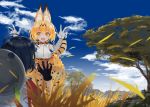  2girls animal_ears animal_print backpack bag bangs black_hair blonde_hair blue_sky bucket_hat claw_pose clouds cloudy_sky day elbow_gloves fangs gloves grass hair_between_eyes hands_up hat high-waist_skirt kaban_(kemono_friends) kemono_friends looking_at_another multiple_girls open_mouth outdoors red_shirt ruisento savannah serval_(kemono_friends) serval_ears serval_tail shirt short_hair short_sleeves skirt sky smile tail tareme teeth yellow_eyes 
