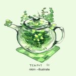  artist_name english glass green green_background lowres nadia_kim no_humans overflowing see-through tea tea_leaves tea_plant teapot 