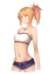  1girl bandeau bare_arms belt blonde_hair blue_shorts braid breasts collarbone cropped_legs cutoffs denim expressionless fate/apocrypha fate_(series) green_eyes groin ibuki_notsu jewelry looking_afar navel necklace ponytail saber_of_red short_shorts shorts simple_background small_breasts solo stomach white_background 