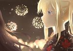  2girls alternate_costume asakawa_shinka black_hair blonde_hair blue_eyes blurry blurry_background closed_mouth commentary eyebrows_visible_through_hair fireworks floral_print graf_zeppelin_(kantai_collection) hair_between_eyes hair_over_shoulder highres japanese_clothes kantai_collection kimono multiple_girls night night_sky portrait shaded_face sidelocks sky smile straight_hair twintails yukata 