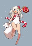  1girl absurdres arm_up bare_legs barefoot blue_eyes box candy candy_cane covered_navel flower food full_body fur_trim gift gift_box grey_background hair_flower hair_ornament highres holding japanese_flag kaki_gohri kantai_collection long_hair looking_at_viewer open_mouth red_flower ro-500_(kantai_collection) sack sailor_collar school_swimsuit simple_background smile snowing solo swimsuit tan tanline white_hair white_school_swimsuit white_swimsuit 