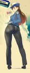  1girl alternate_costume ass belt black_pants blue_shirt breasts brown_eyes brown_hair character_name collared_shirt d.va_(overwatch) eraser facepaint female_service_cap from_behind full_body gloves hand_on_hip highres long_hair looking_at_viewer looking_back medium_breasts namaniku_atk necktie officer_d.va overwatch pants pantylines pocket police police_uniform shirt smile solo standing uniform whisker_markings white_gloves 