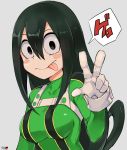  1girl absurdres asui_tsuyu black_eyes black_hair bodysuit boku_no_hero_academia breasts closed_mouth commentary_request gloves green_bodysuit grey_background hair_between_eyes hair_rings highres long_hair looking_at_viewer medium_breasts simple_background smile solo tongue tongue_out translation_request tuxedo_de_cat upper_body v white_gloves 