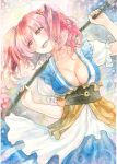 1girl :d blue_dress blush breasts cleavage coin collarbone colored_pencil_(medium) cowboy_shot dress frilled_sleeves frills hair_bobbles hair_ornament holding large_breasts layered_dress leaning_to_the_side long_hair looking_away nail_polish obi onozuka_komachi open_mouth over_shoulder pink_eyes pink_hair puffy_short_sleeves puffy_sleeves red_nails sample sash short_sleeves smile solo touhou traditional_media two_side_up watercolor_(medium) yotsuba0401 